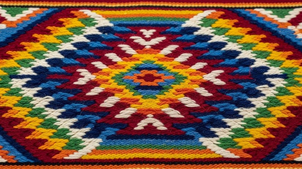 Close-up of handwoven traditional Mexican textile showing intricate geometric patterns in vibrant colors with visible texture variations