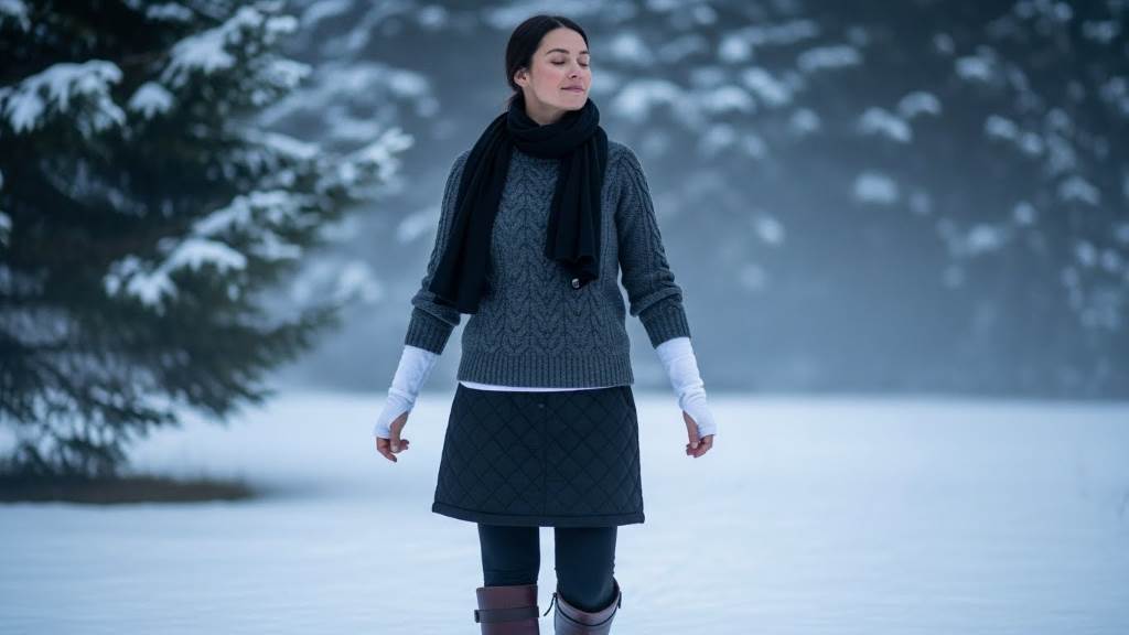 Woman in thermal skirt layered with sweater and boots in snowy setting
