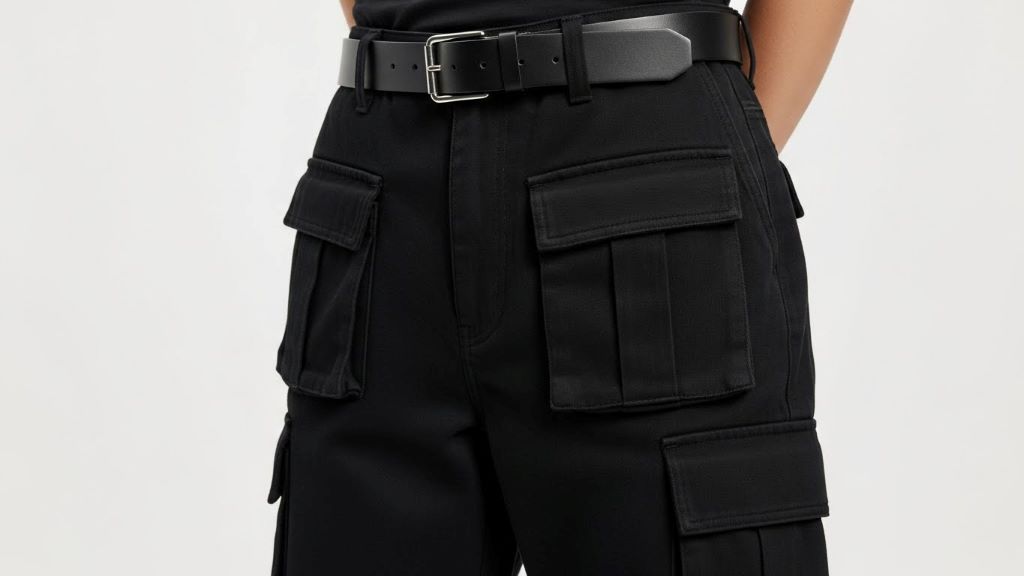 Close-up of black low rise cargo pants with multiple side pockets paired with leather belt showing Y2K aesthetic details