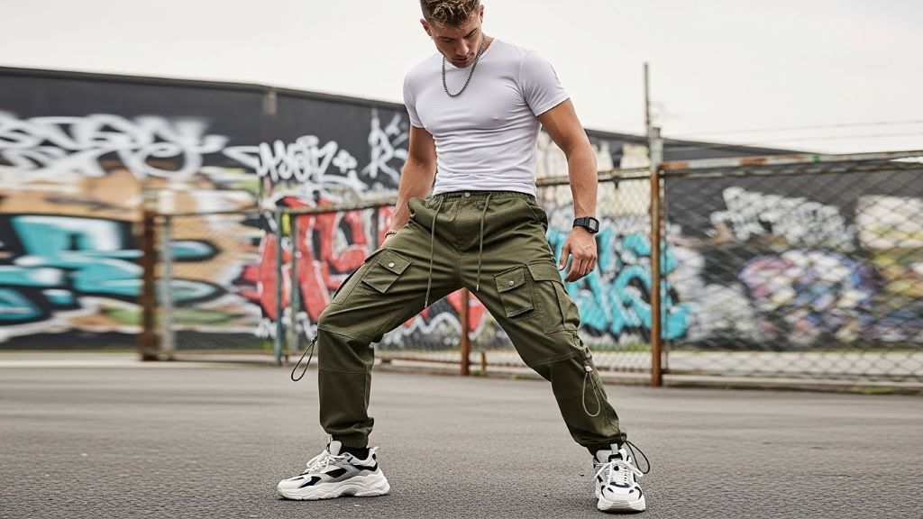 Man wearing olive low rise cargo pants with white fitted tee and chunky sneakers demonstrating Y2K fashion style