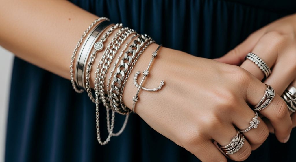 Close-up of layered silver bracelets and rings on wrist against dark navy maxi dress fabric showing jewelry styling