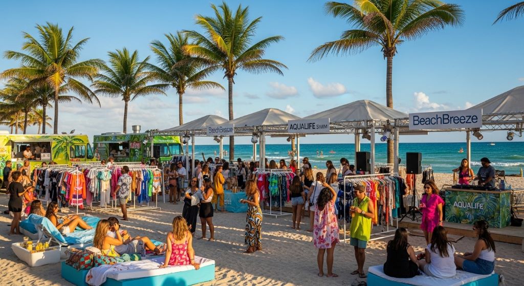 Crowd enjoying a free outdoor swimwear pop-up event in Miami Beach