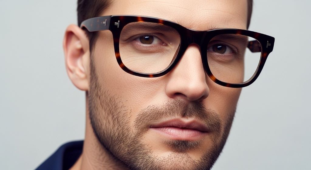Close-up of a man with short stubble and thick tortoiseshell acetate eyeglasses looking stylish