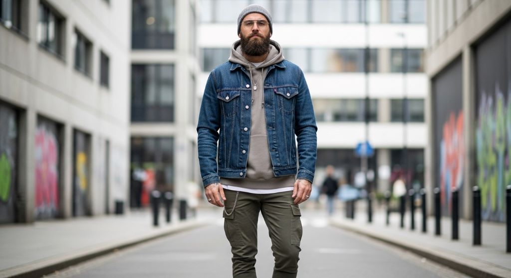 Man with a full beard wearing slim metal glasses frames in a modern street style setting