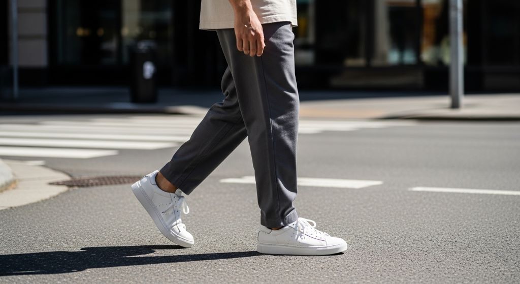 Person wearing clean white sneakers paired with neutral casual outfit on a city street
