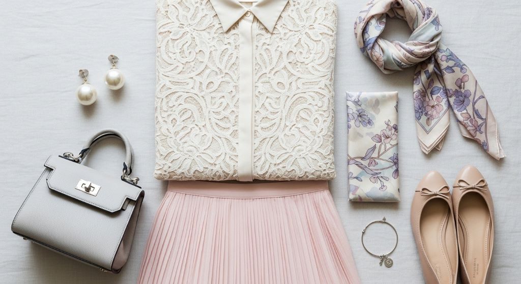 Flat lay of soft feminine wardrobe essentials including lace blouse, pearl earrings, and pastel skirt