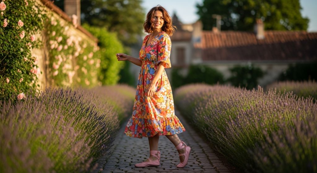 Woman in a flowy floral midi dress and ballet flats walking outdoors in soft natural light