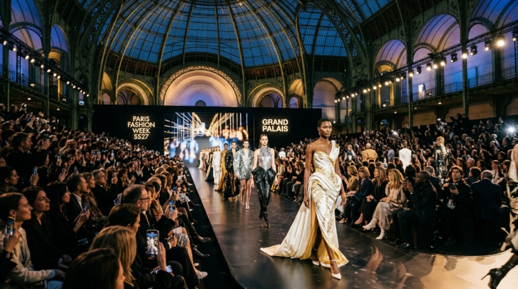 Models walking the runway at Paris Fashion Week SS27 inside the Grand Palais, surrounded by dramatic lighting and an audience of fashion editors and buyers