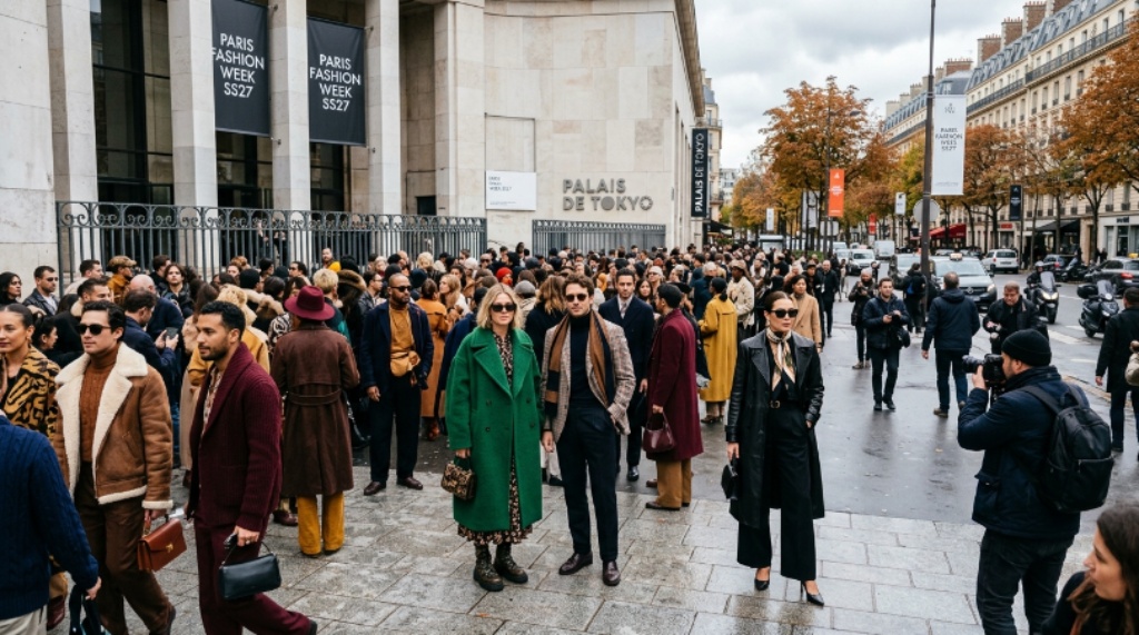 Street style crowd gathered outside a Paris Fashion Week SS27 venue near the Palais de Tokyo, showcasing bold and elegant autumn outfits