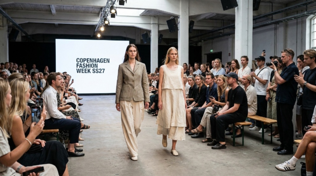 Models walking the runway during a Copenhagen Fashion Week SS27 show in Copenhagen, Denmark