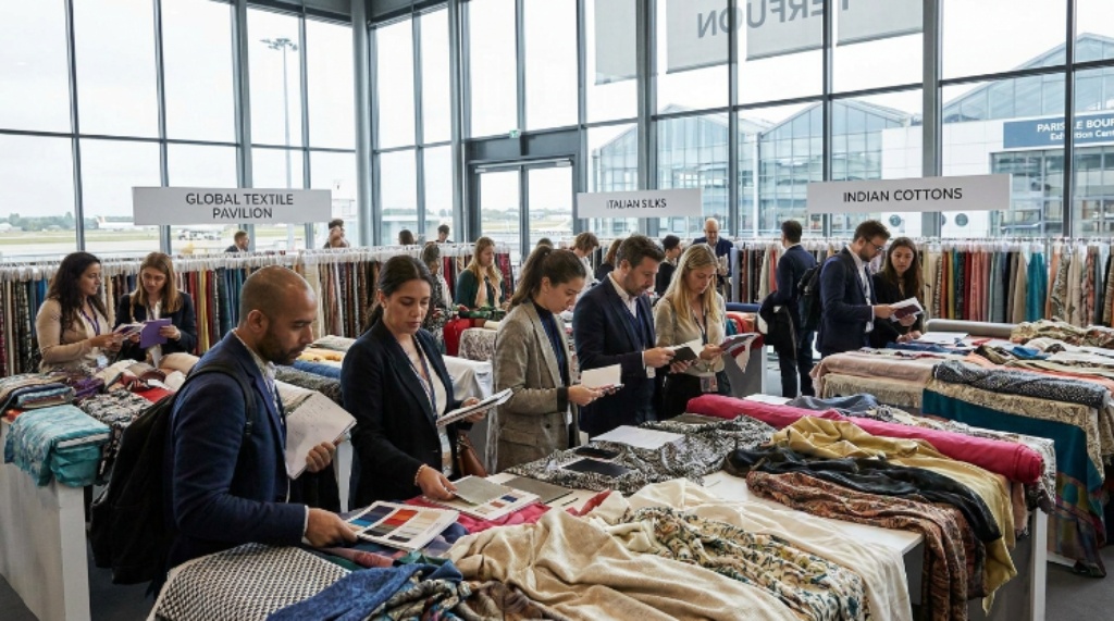 Fashion buyers exploring global fabric collections at Paris-Le Bourget Exhibition Centre