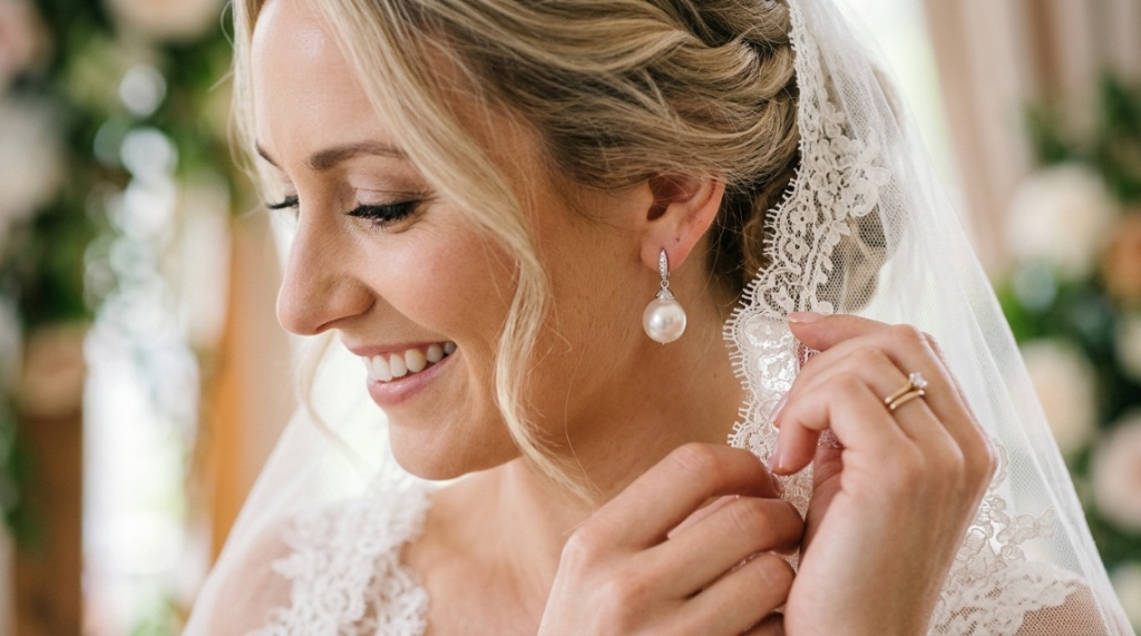 Bride wearing authentic pearl earrings while adjusting her lace wedding veil.