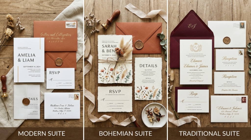 Three custom wedding invitation designs displaying different popular wedding theme styles.