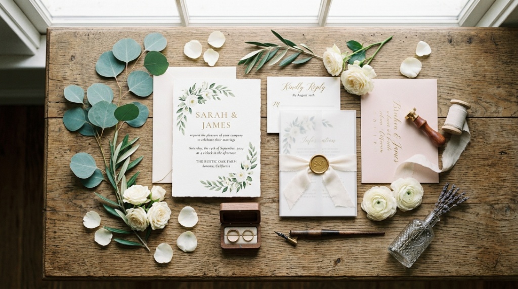 Custom wedding invitation suite styled beautifully with matching floral wedding theme decor.