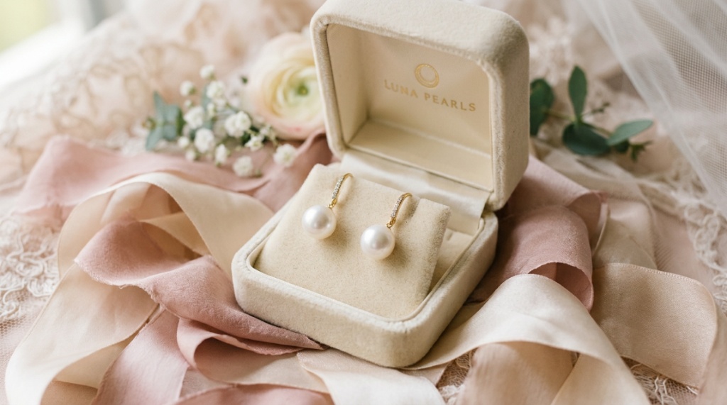 Genuine white pearl earrings resting inside an open luxury jewelry box.