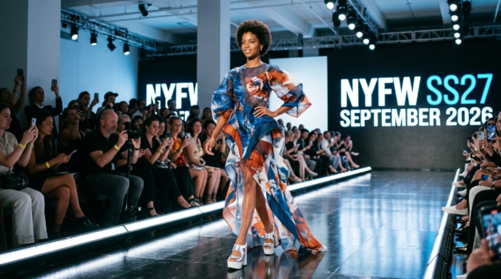 Model walking the runway at NYFW SS27 September 2026 fashion week show