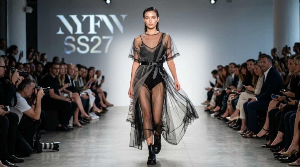 Model wearing sheer layered outfit at NYFW SS27 September 2026 runway