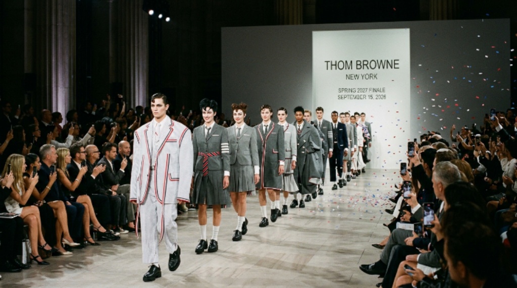 Thom Browne Spring 2027 runway finale closing New York Fashion Week on September 15, 2026, with models in signature structured tailoring