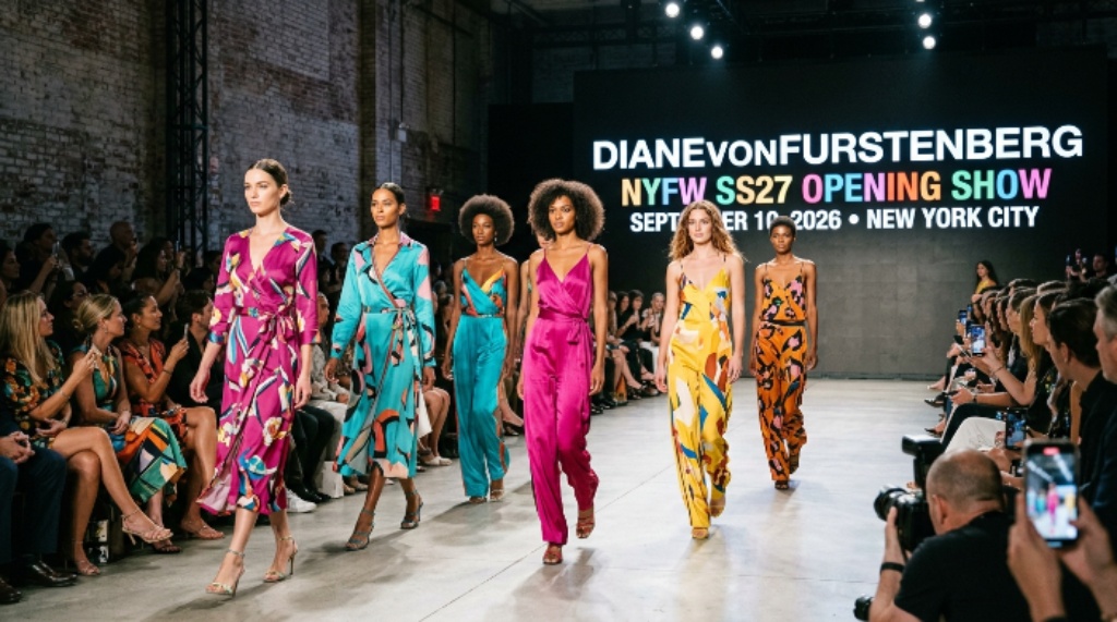 Models walking the runway at NYFW Spring/Summer 2027 during the Diane von Furstenberg opening show on September 10, 2026, in New York City