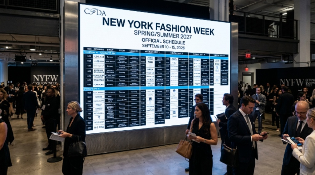 The CFDA official NYFW Spring Summer 2027 schedule board displaying all 70 confirmed runway shows and designer presentations from September 10 to 15, 2026