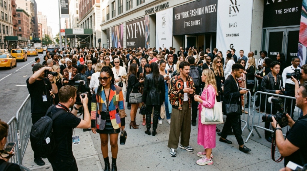 Street style crowd outside New York Fashion Week venue Manhattan September