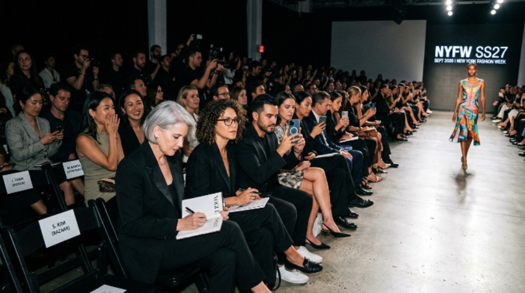 Front row guests and editors watching a runway show during New York Fashion Week 2026 SS27 season at a Manhattan venue in September