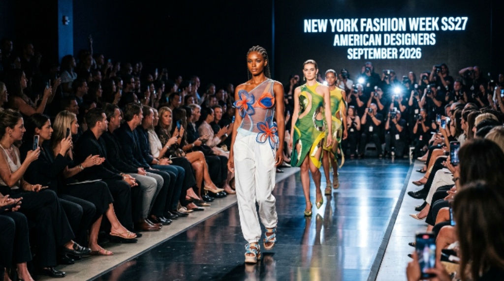 Models walking the runway at New York Fashion Week SS27 in September 2026, wearing Spring Summer 2027 collections by American designers in Manhattan