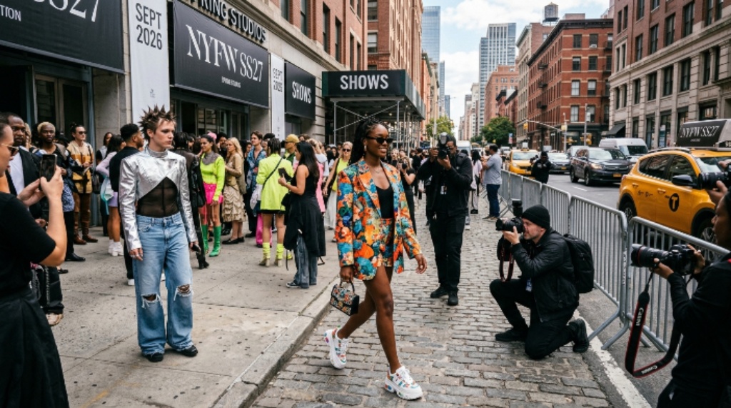 Street style fashion outside a New York Fashion Week SS27 show venue in Manhattan during September 2026, with photographers and attendees in statement outfits