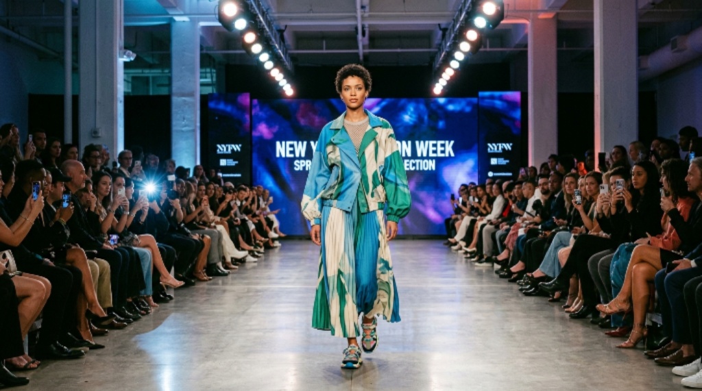 Model walking runway at New York Fashion Week Spring 2027 collection