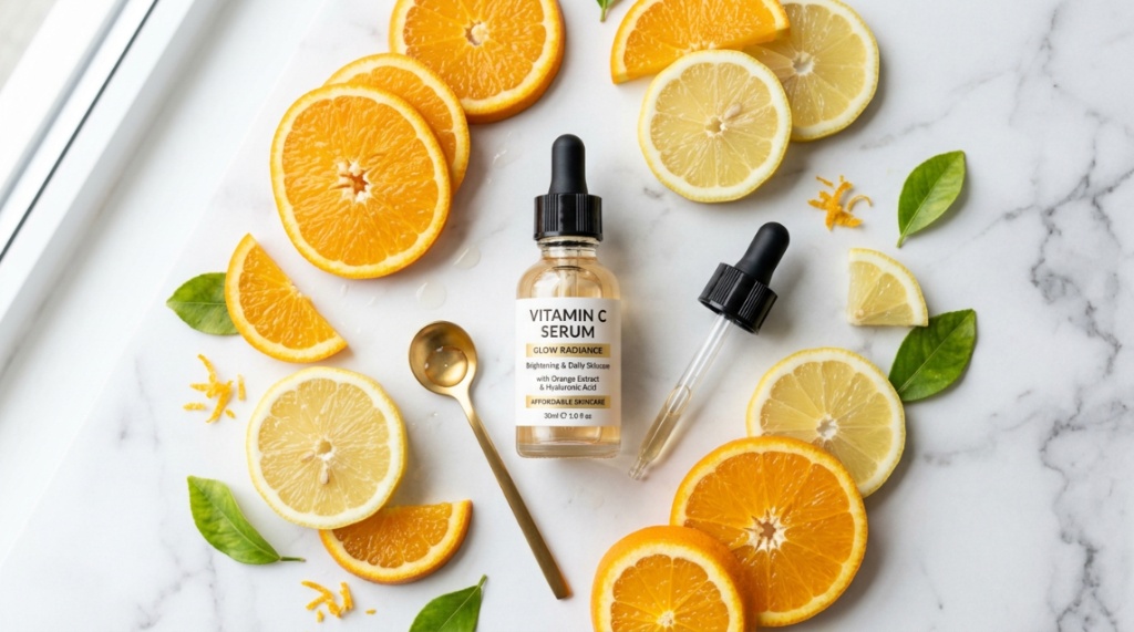 Woman applying drops of vitamin c serum to her face.