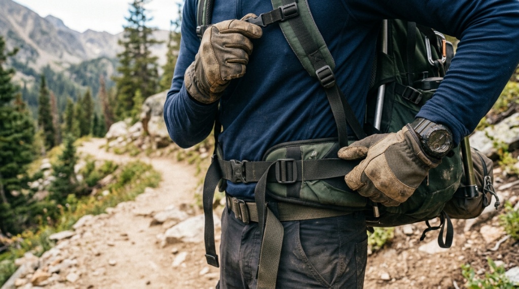 Close-up of hands adjusting the hip belt on a sturdy backpacking pack.