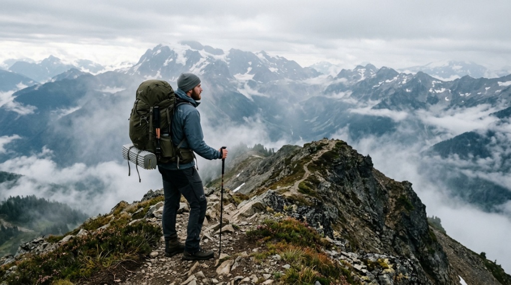 Hiker with a durable camping backpack overlooking a scenic mountain range in Washington.