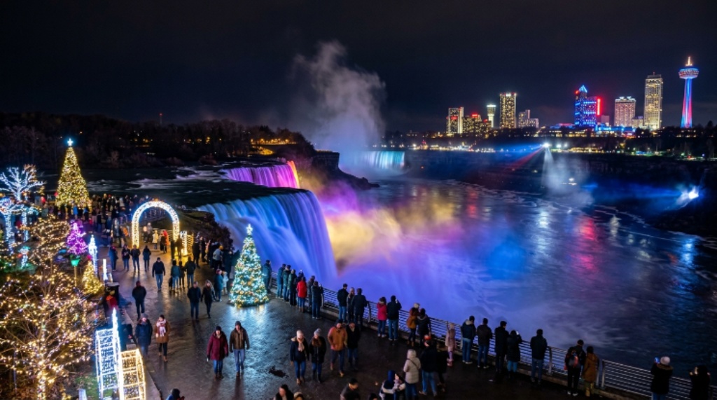 Niagara Falls illuminated at night during the Winter Festival of Lights in November 2026