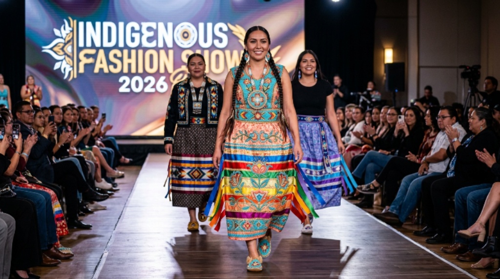 Traditional beadwork and ribbon skirt garments displayed at the Indigenous Fashion Show 2026