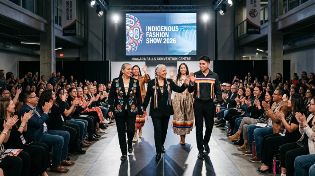 Indigenous designers walking the runway at the 2026 fashion show in Niagara Falls Convention Centre