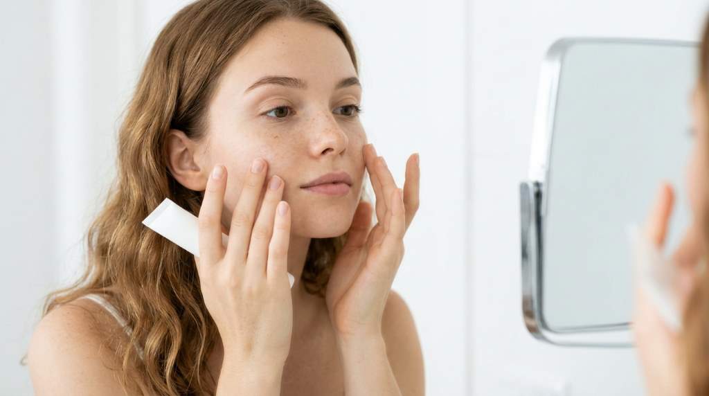 Woman applying natural-looking foundation with a makeup sponge